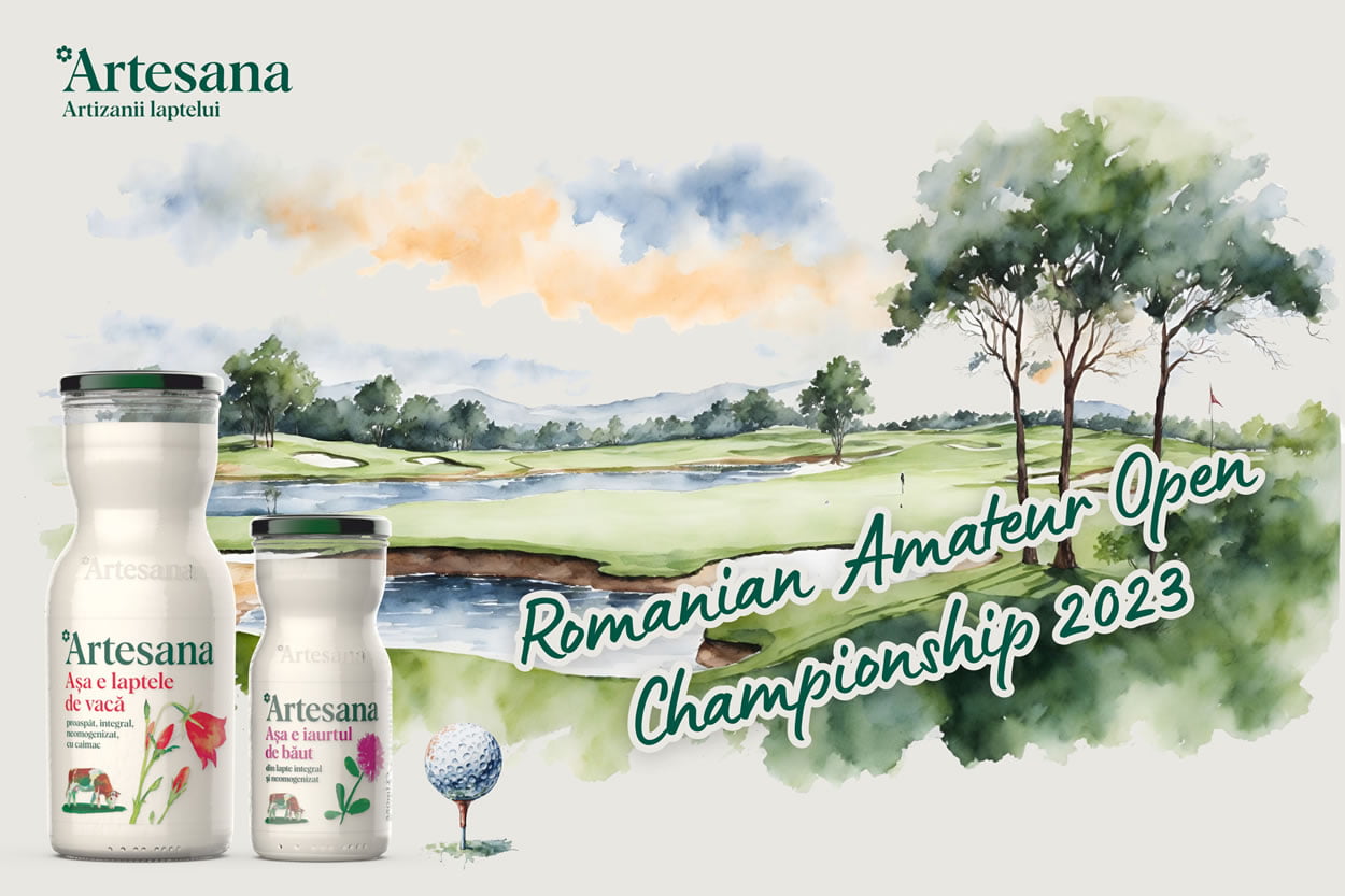 Lapte de vaca Artesana 1L si iaurt de baut Artesana 350ml langa o ilustratie a unui teren de golf