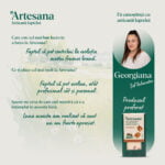 Georgiana, șef laborator la Artesana, prezentată în campania „Fă cunoștință cu artizanii laptelui”, alături de brânza maturată Artesana cu nucă, produsul ei preferat.