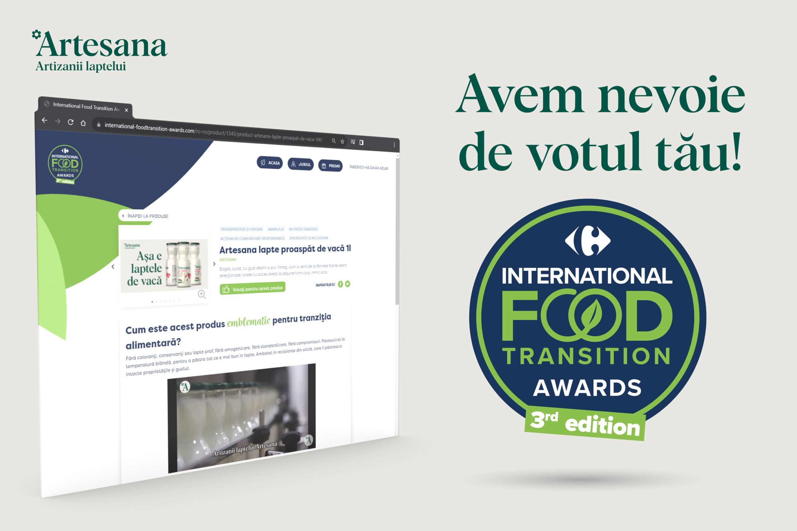 Grafic Artesana care invită consumatorii să voteze laptele proaspăt de vacă Artesana în cadrul competiției International Food Transition Awards, ediția a III-a.