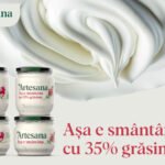 Smântână Artesana cu 35% grăsime, disponibilă în variante convențională și ecologică, obținută din lapte integral românesc și ambalată în borcan de sticlă