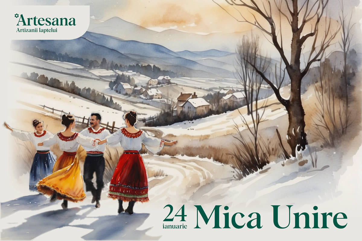 Ilustrație de iarnă cu dansatori în costume populare românești, dedicată Zilei Micii Uniri din 24 ianuarie, realizată de Artesana.