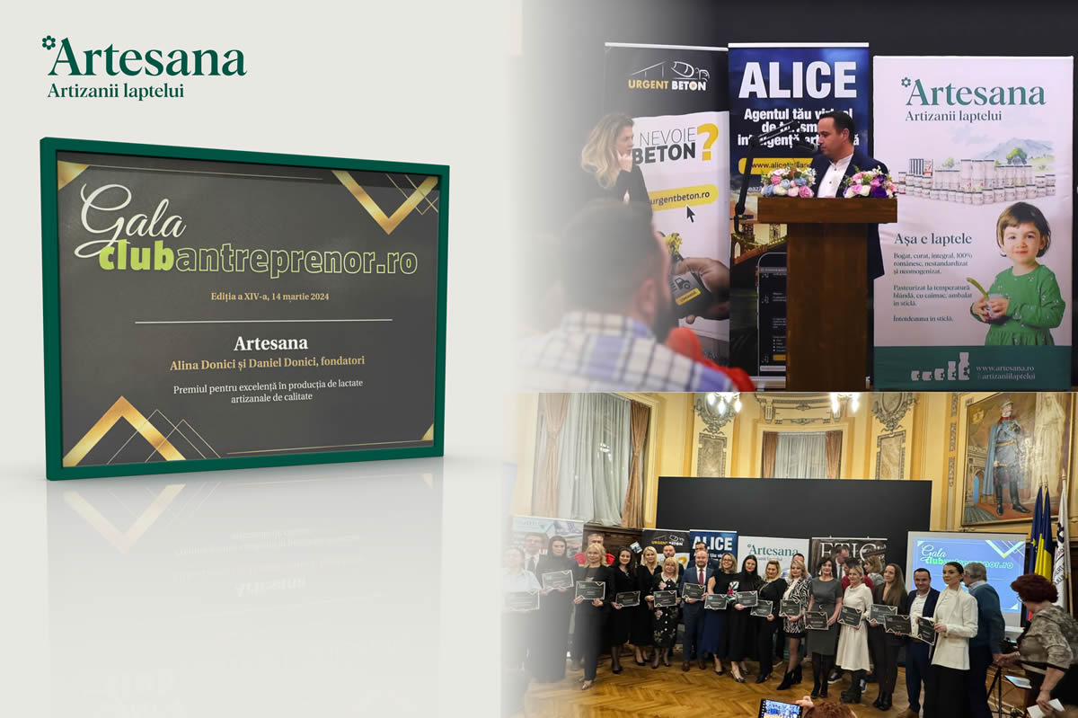 Artesana primește premiul pentru excelență în producția de lactate artizanale la Gala ClubAntreprenor.ro 2024.