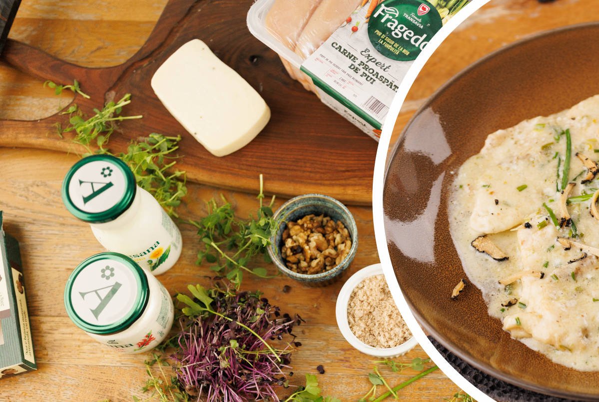 Ingrediente și preparatul final pentru rețetă cu pui Fragedo și produse Artesana, prezentate într-un colaj culinar.