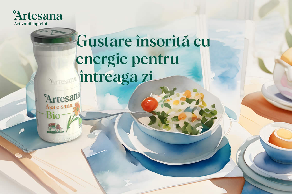 Sticlă de Sana Bio Artesana alături de un bol cu salată, cu mesajul „Gustare însoțită cu energie pentru întreaga zi”.