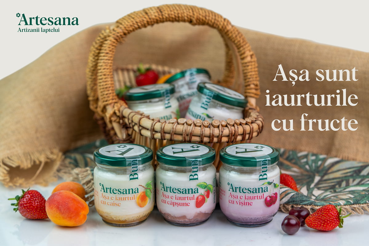 Gama de iaurturi cu fructe Artesana cu caise, căpșune și vișine, realizate din lapte integral și fructe adevărate.