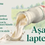 Lapte Artesana integral, neomogenizat, nestandardizat și pasteurizat blând, turnat din sticlă, evidențiind textura naturală și caimacul.