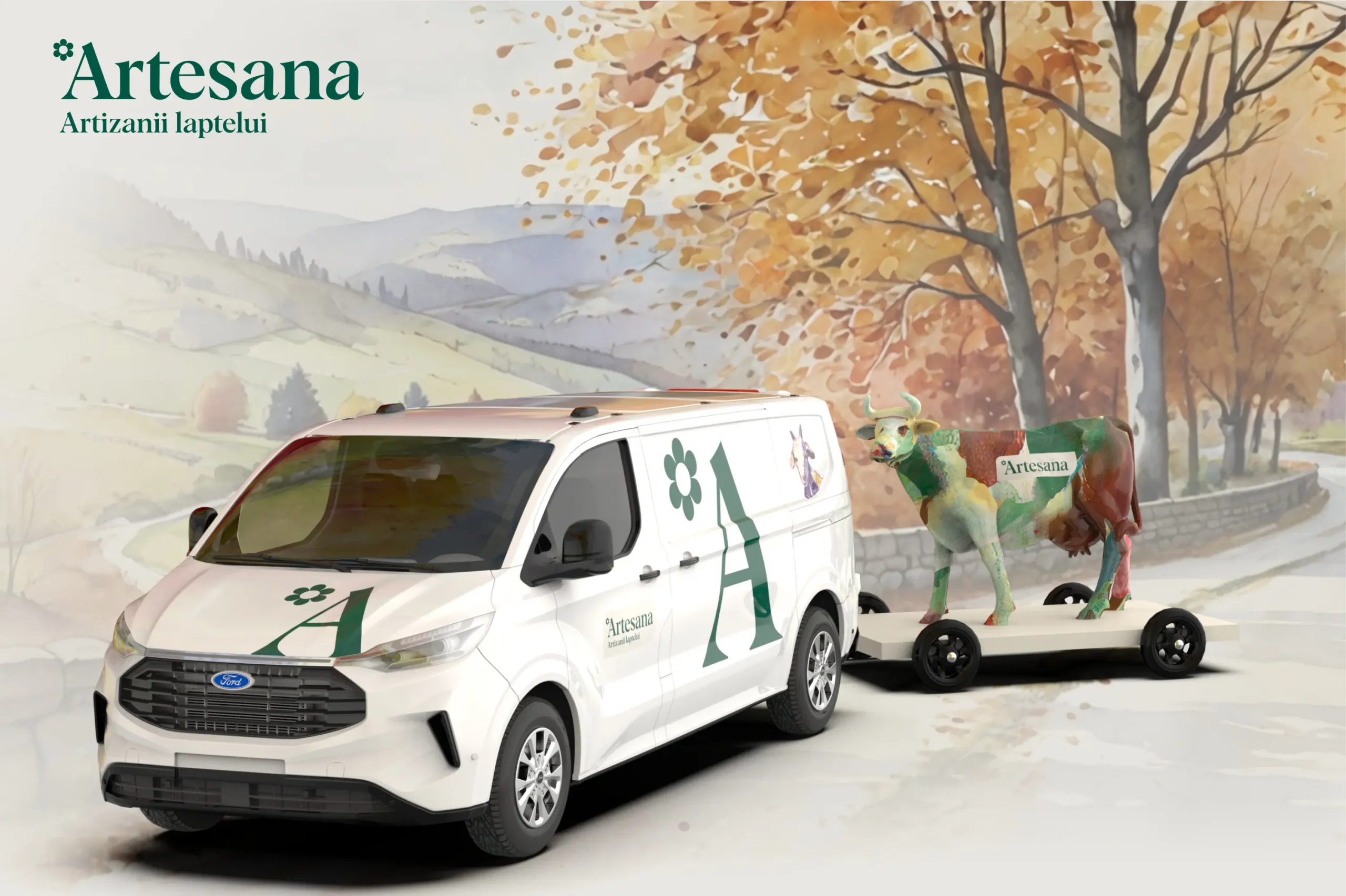 Autoutilitară branduită Artesana tractând o vacă decorativă, utilizată în campanii și evenimente de promovare a brandului.