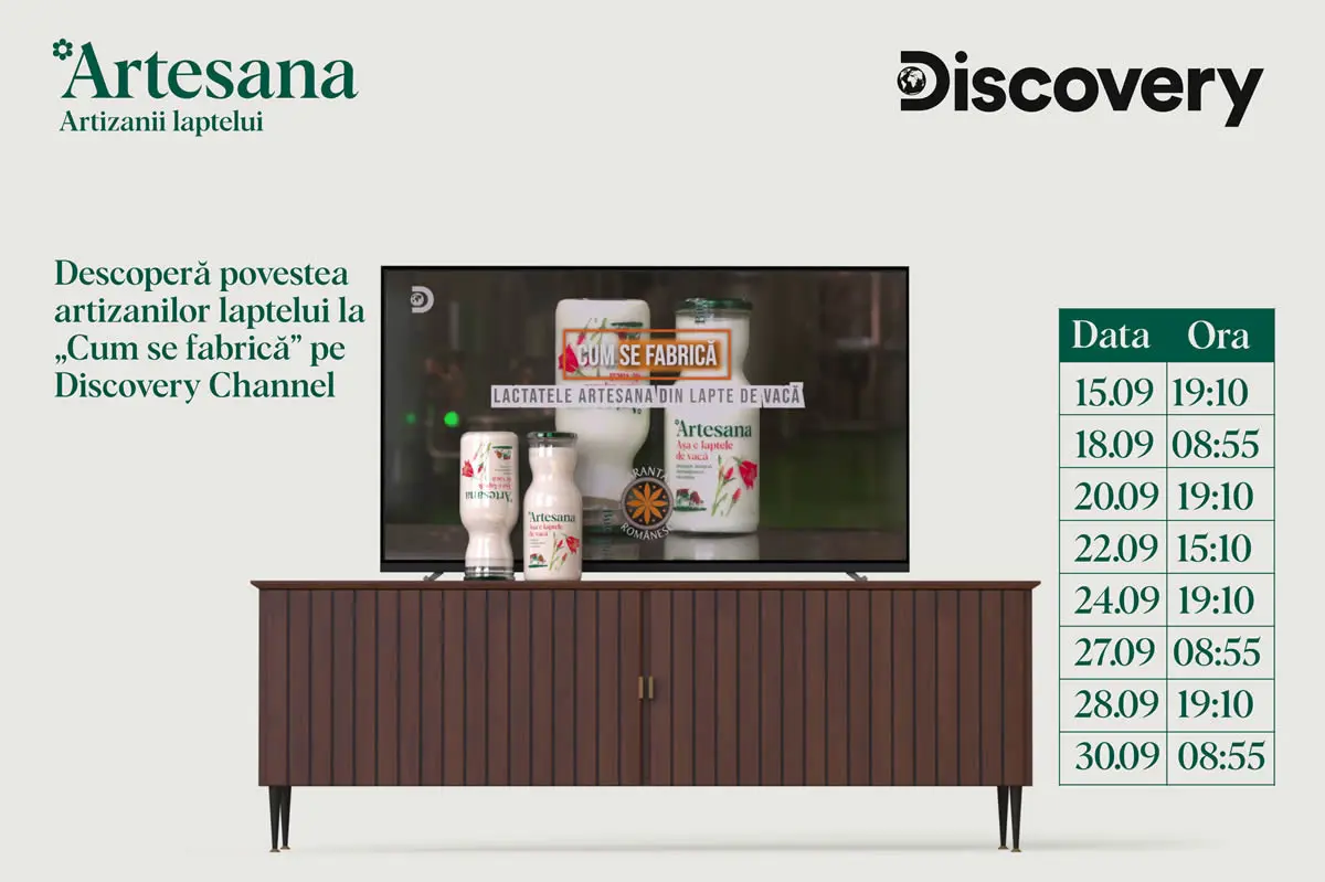 Material promoțional Artesana care prezintă programul difuzărilor emisiunii „Cum se fabrică” pe Discovery Channel