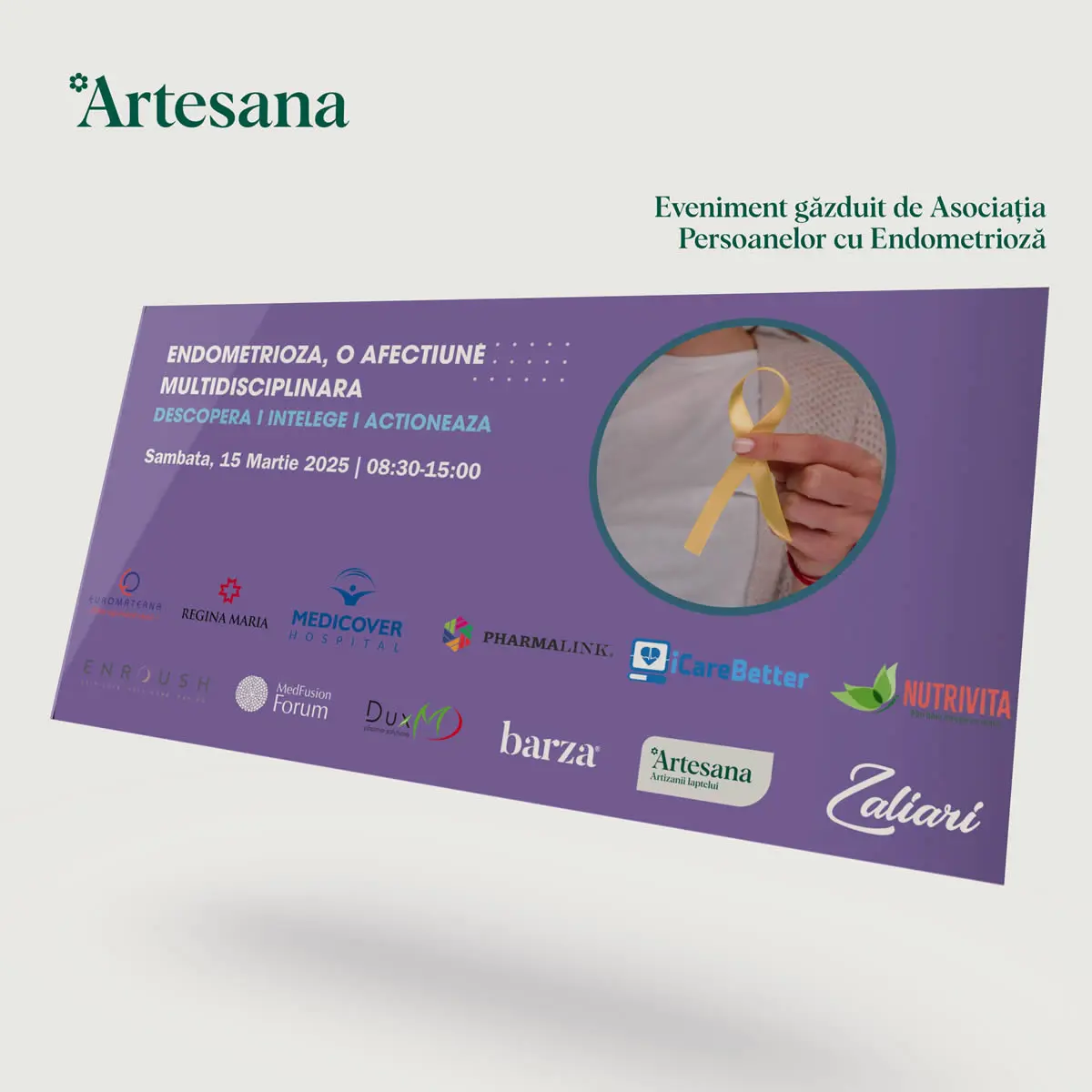 Imagine de prezentare pentru evenimentul dedicat endometriozei, susținut de Asociația Persoanelor cu Endometrioză, în parteneriat cu Artesana și organizații din domeniul sănătății.