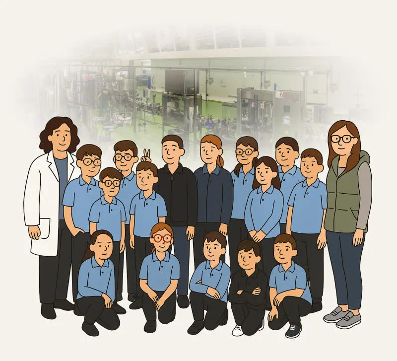 Ilustrație cu un grup de elevi și profesori în vizită educațională la fabrica Artesana pentru a descoperi procesul de producție al lactatelor.