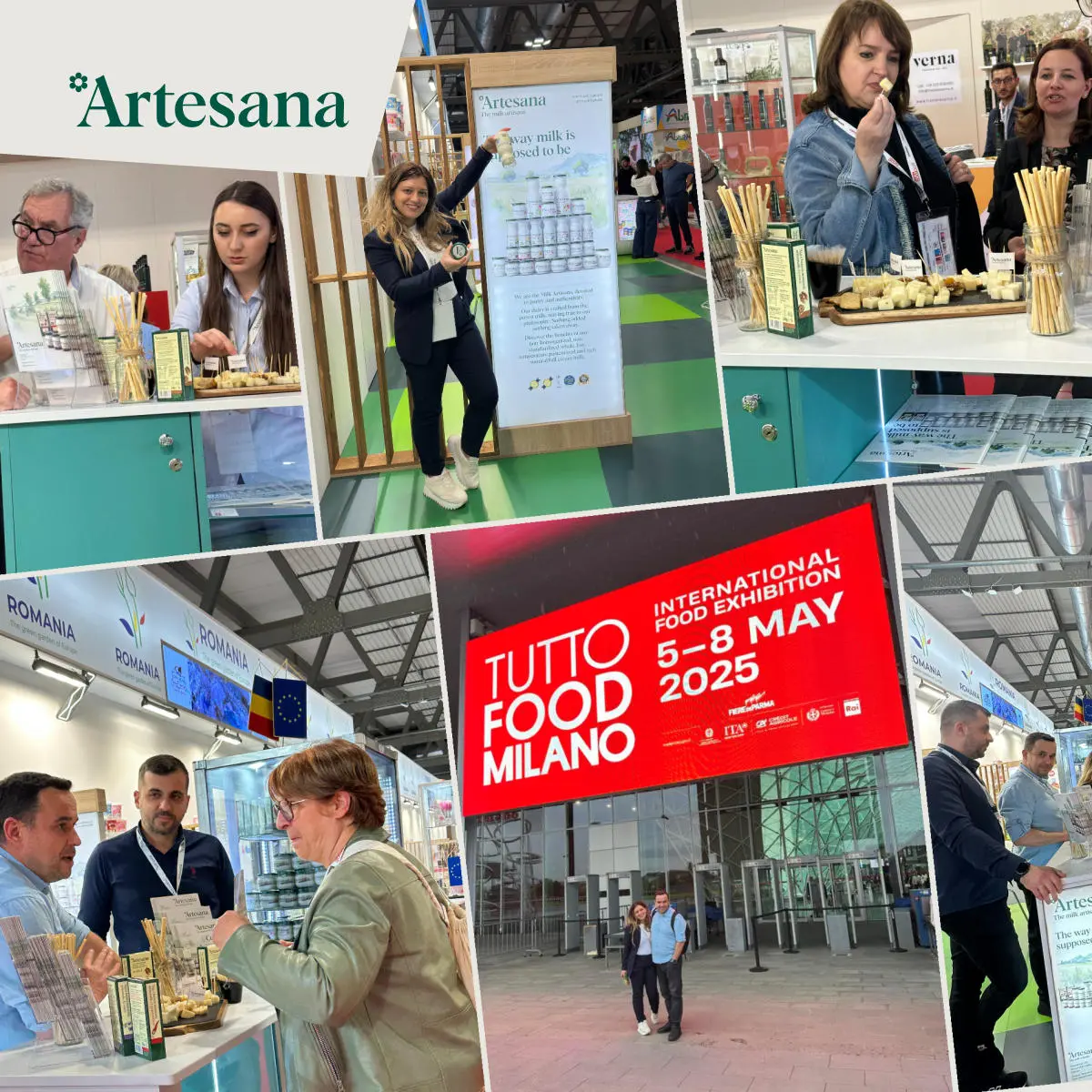 Colaj de imagini cu oameni la un targ expozitional international de alimente