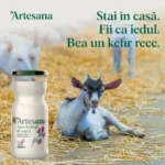 Un iedut care sta intr-un grajd tolanit, pe caldura, in stanga imaginii este o sticla de kefir de capra Artesana la 350ml