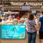 Vitrina magazinului Atelier Artesana, cu afiș despre lactate integrale, neomogenizate și pasteurizate la temperatură blândă.