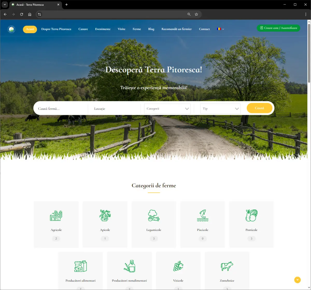 Pagina principală Terra Pitorească – platformă online pentru descoperirea fermelor din România, cu motor de căutare după locație, categorie și tip, și secțiune dedicată categoriilor de ferme: agricole, apicole, legumicole, pomicole, producători alimentari, producători nealimentari, viticole și zootehnice.
