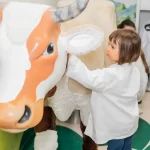 Copil în halat de laborator interacționând cu vaca demonstrativă Artesana la Destiny Park.