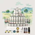 O prezentare premium a gamei complete de produse lactate Artesana, aranjate într-o piramidă perfectă, pe fundalul unei ilustrații acvarelă cu dealuri, câmpuri și natură verde. Borcănașele și sticlele albe, decorate cu plante și ingrediente naturale, transmit ideea de prospețime, calitate artizanală și origine locală. În partea de jos sunt evidențiate trofeele și medaliile câștigate de brand, subliniind încrederea și recunoașterea internațională pentru produsele Artesana.