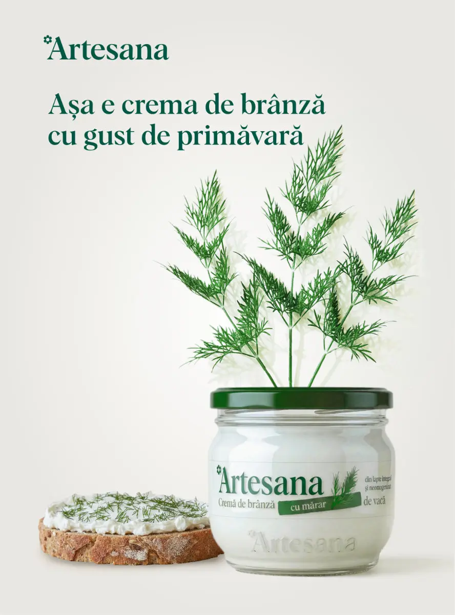 borcan de cremă de brânză Artesana cu mărar, din lapte integral de vacă, alături de o felie de pâine unsă cu cremă de brânză și decorată cu mărar proaspăt
