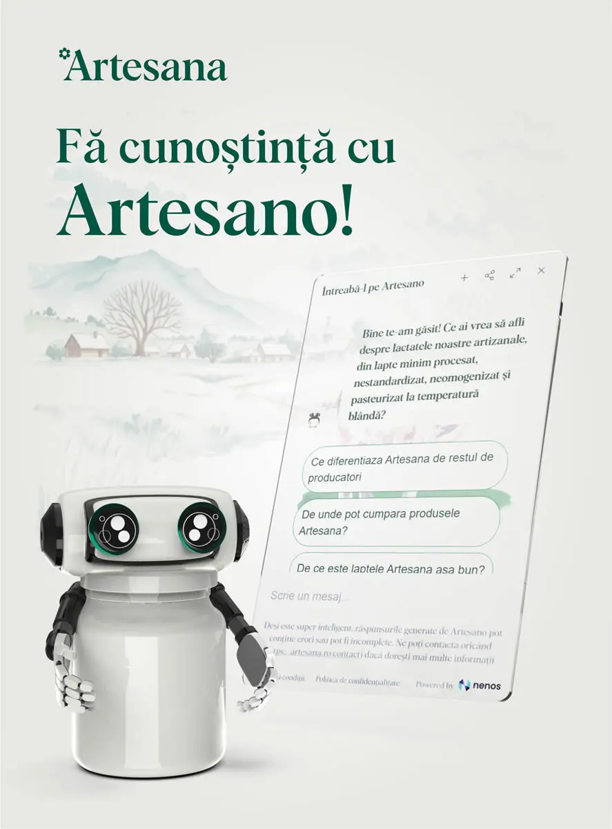Mascota digitală Artesano, un robot prietenos în formă de borcan de lapte, care invită utilizatorii să descopere produsele artizanale Artesana și să pună întrebări despre lactate din lapte minim procesat