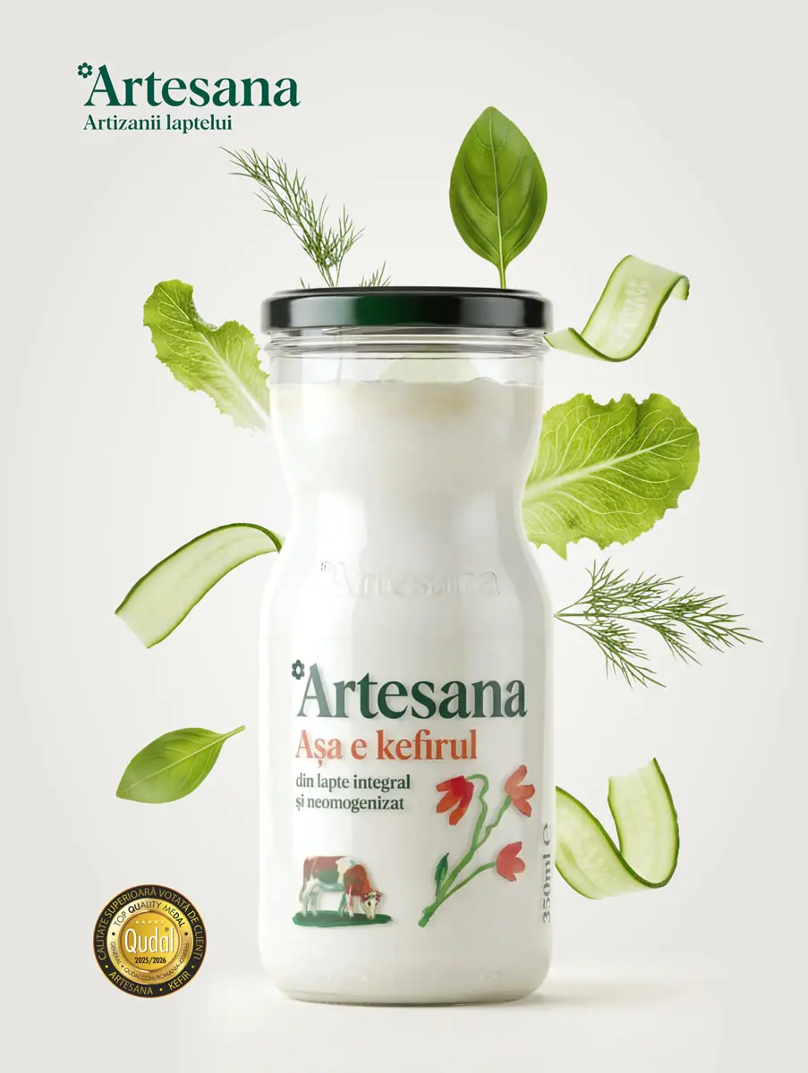 Kefir Artesana din lapte integral și neomogenizat, 350 ml, ambalat în borcan de sticlă cu capac negru, decorat cu ilustrație florală și vacă, înconjurat de frunze verzi, felii de castravete și mărar, sigiliu de calitate Qudal – Artesana, Artizanii laptelui.