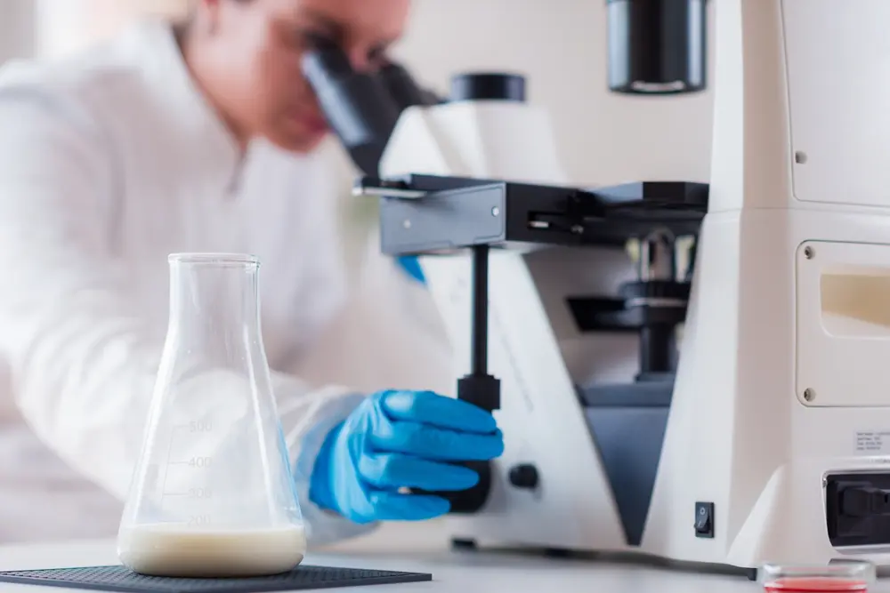 Om de știință care analizează laptele la microscop