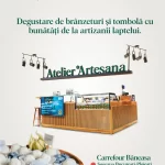 Atelier Artesana – degustare de brânzeturi și tombolă cu produse Artesana la Carrefour Băneasa, București, pe 8 martie 2026, stand din lemn cu vitrină frigorifică, logo Artesana – Artizanii laptelui și platou cu brânzeturi proaspete, realizate din lapte pasteurizat la temperatură blândă.