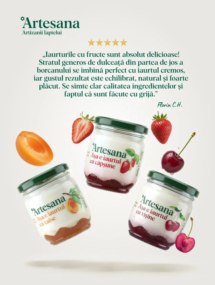 Iaurturi Artesana cu fructe în borcan de sticlă – iaurt artizanal cu căpșune, vișine și caise, cu strat generos de dulceață naturală și iaurt cremos, realizate de Artesana – Artizanii laptelui.