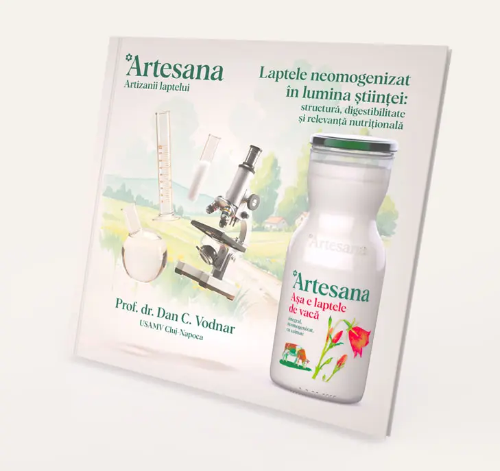 Studiul Artesana despre laptele neomogenizat în lumina științei, cu prof. dr. Dan C. Vodnar, ilustrații de laborator și sticlă de lapte Artesana.”