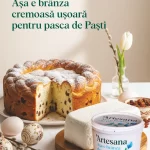 Brânză proaspătă de vaci Artesana, cremoasă, lângă pască tradițională de Paști cu stafide, ouă decorate și decor de primăvară