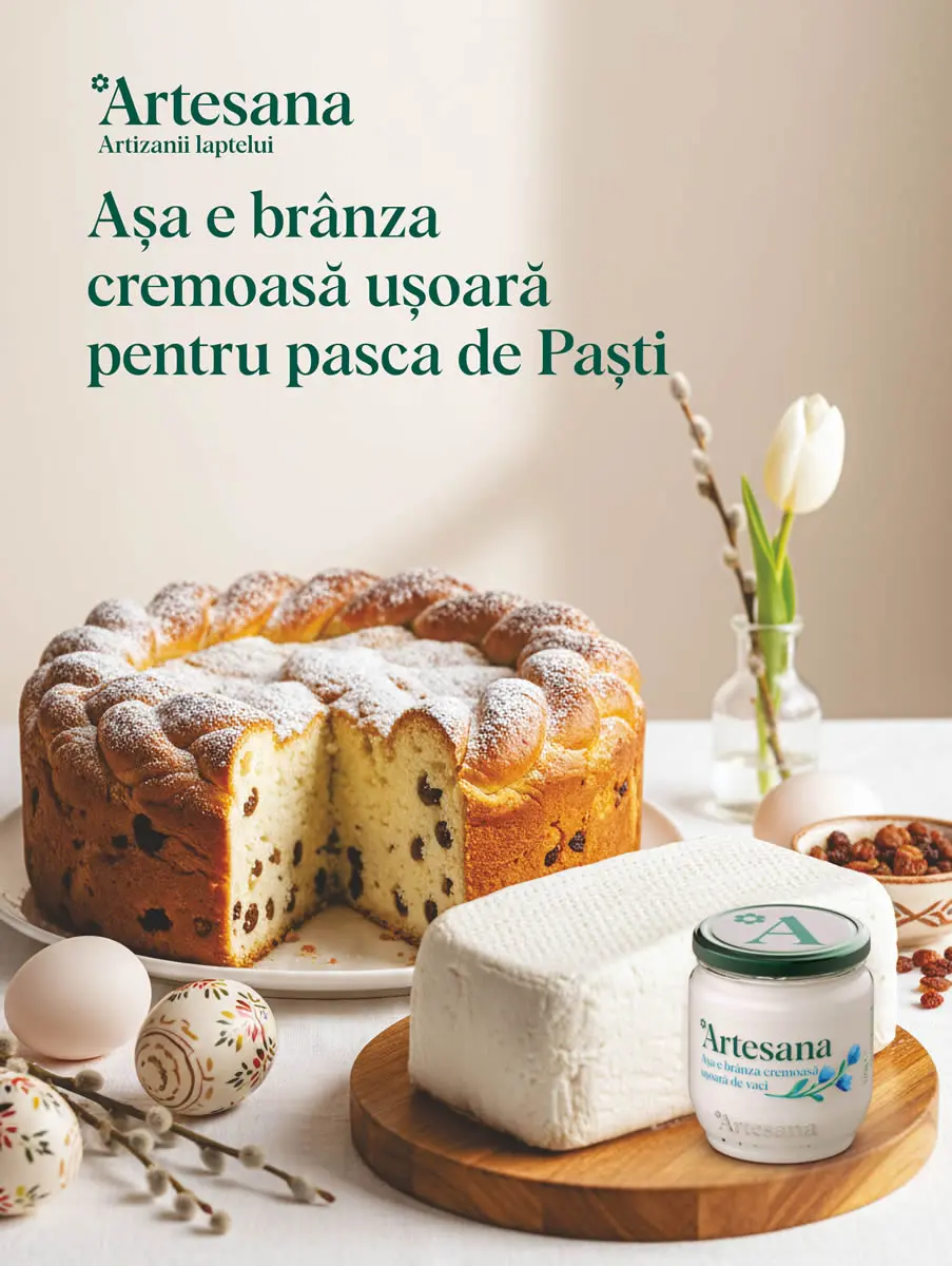 Brânză cremoasă Artesana pentru pască de Paști, alături de pască tradițională cu stafide, ouă decorate și decor de primăvară