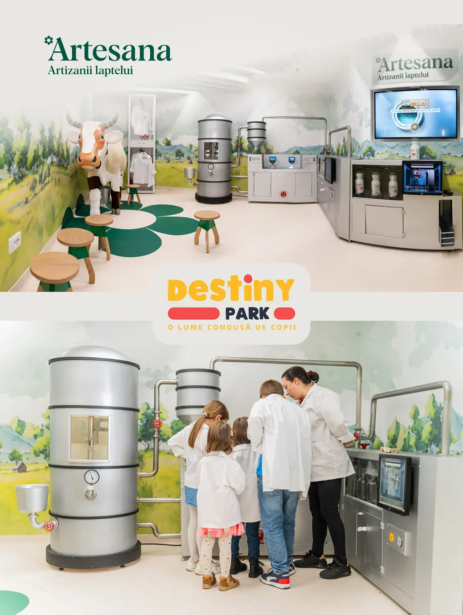 Spațiu educativ Artesana la Destiny Park, unde copiii descoperă procesul de producție al laptelui folosind echipamente simulate de fabrică și participă la activități interactive despre produse lactate artizanale