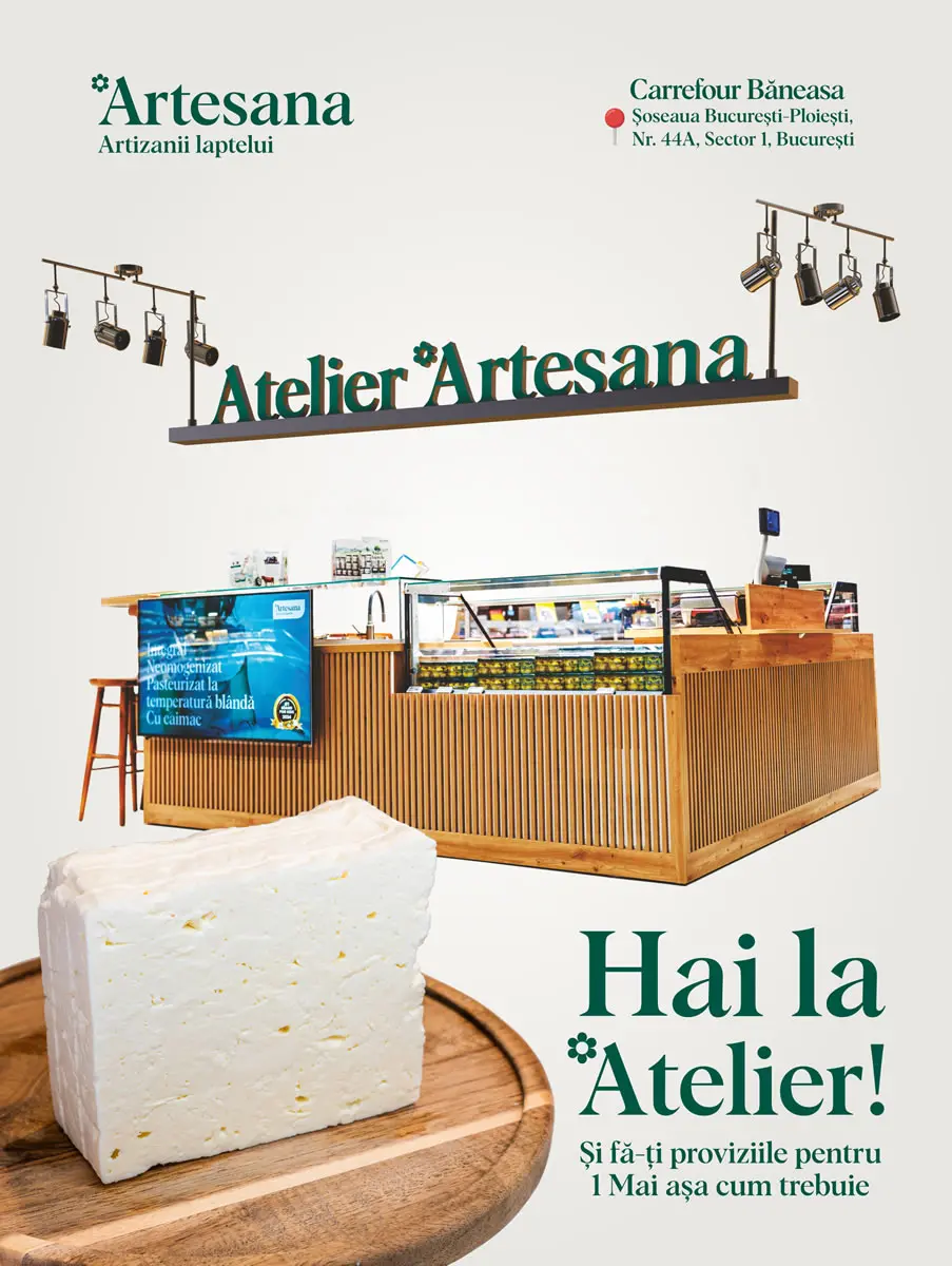 Stand Artesana „Atelier Artesana” din Carrefour Băneasa, București, cu vitrină de produse lactate artizanale și bucată de brânză proaspătă pe platou, invitație la cumpărături pentru 1 Mai