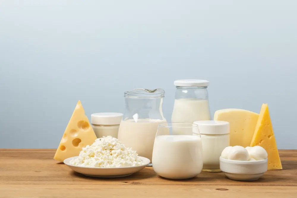 Produse lactate variate – lapte, brânză, iaurt și urdă pe masă din lemn, compoziție minimalistă pentru alimentație sănătoasă și naturală