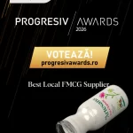 Banner Artesana - artizanii laptelui pentru Progresiv Awards 2026, invitație de vot pentru categoria Best Local FMCG Supplier, cu sticlă de lapte Artesana și link progresivawards.ro