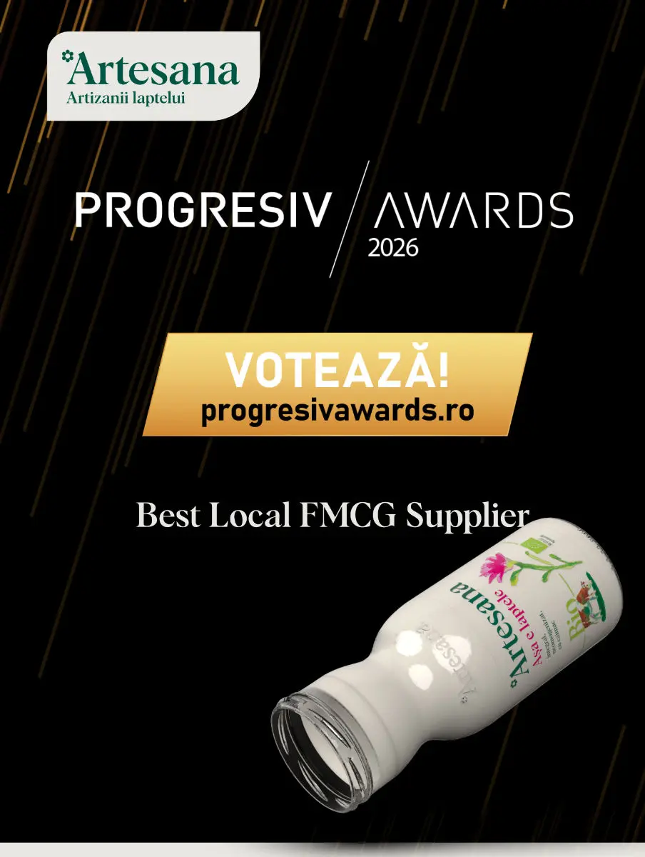 Banner Artesana - artizanii laptelui pentru Progresiv Awards 2026, invitație de vot pentru categoria Best Local FMCG Supplier, cu sticlă de lapte Artesana și link progresivawards.ro