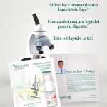 Imagine cu Artesana despre laptele neomogenizat și studiul profesorului Dan C. Vodnar privind digestibilitatea și structura laptelui. Vizualul include un microscop, coperta studiului „Laptele neomogenizat în lumina științei” și întrebări despre omogenizarea laptelui, digestie și diferențele dintre tipurile de lapte. Text final: „Citește rezultatele studiului pe www.artesana.ro”
