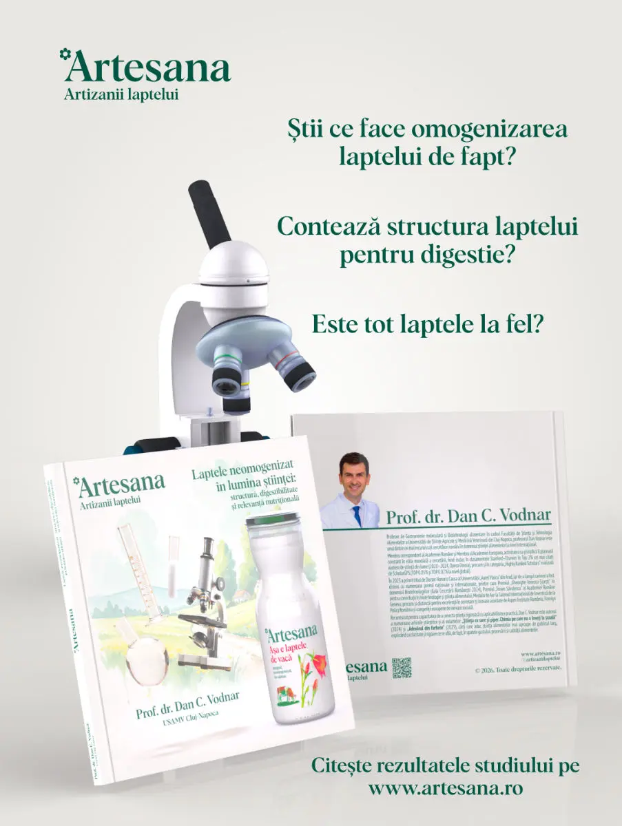 Imagine cu Artesana despre laptele neomogenizat și studiul profesorului Dan C. Vodnar privind digestibilitatea și structura laptelui. Vizualul include un microscop, coperta studiului „Laptele neomogenizat în lumina științei” și întrebări despre omogenizarea laptelui, digestie și diferențele dintre tipurile de lapte. Text final: „Citește rezultatele studiului pe www.artesana.ro”