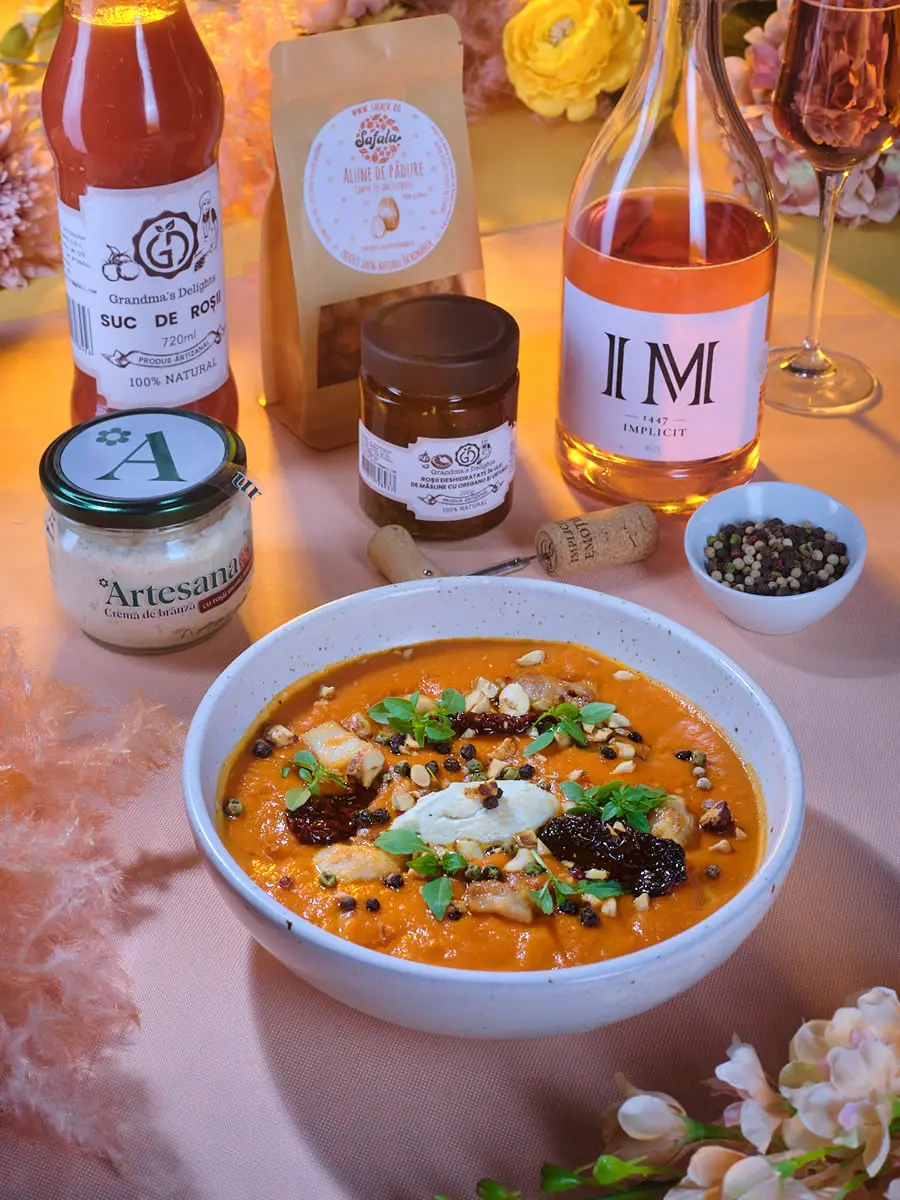 Supă cremă de roșii cu pulpă de pui fragedă, alune de pădure și chili, servită cu cremă de brânză Artesana cu roșii uscate și busuioc, alături de vin rose și produse artizanale gourmet.