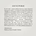 Anunț public privind depunerea solicitării de emitere a acordului de mediu pentru proiectul de modificare și extindere a Fabricii de Lactate C1 KLAUS S.R.L. din Tecuci, județul Galați