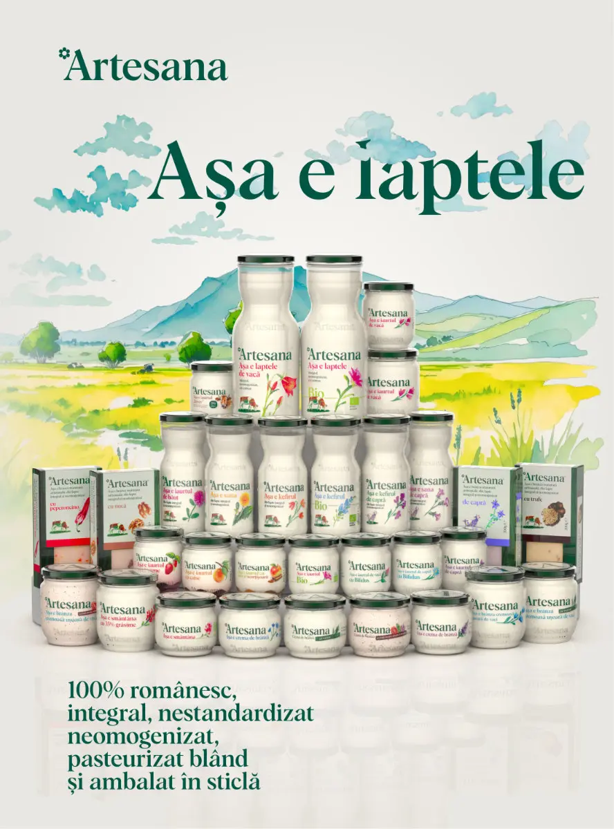 Produse lactate Artesana – lapte, iaurt, kefir și brânzeturi din lapte 100% românesc, integral, nestandardizat, neomogenizat, pasteurizat la temperatură blândă și ambalat în sticlă.