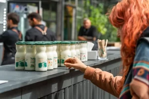 Sticle cu produse lactate Artesana expuse pe tejghea la UNFINISHED 2026, în timp ce o vizitatoare se apropie de stand.