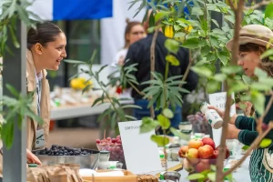Vizitatori la standul Artesana de la UNFINISHED 2026, lângă o masă cu fructe și produse pentru degustare.
