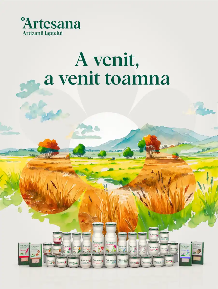 Produse lactate Artesana într-un vizual de toamnă, cu peisaj rural ilustrat în acuarelă și mesajul «A venit, a venit toamna