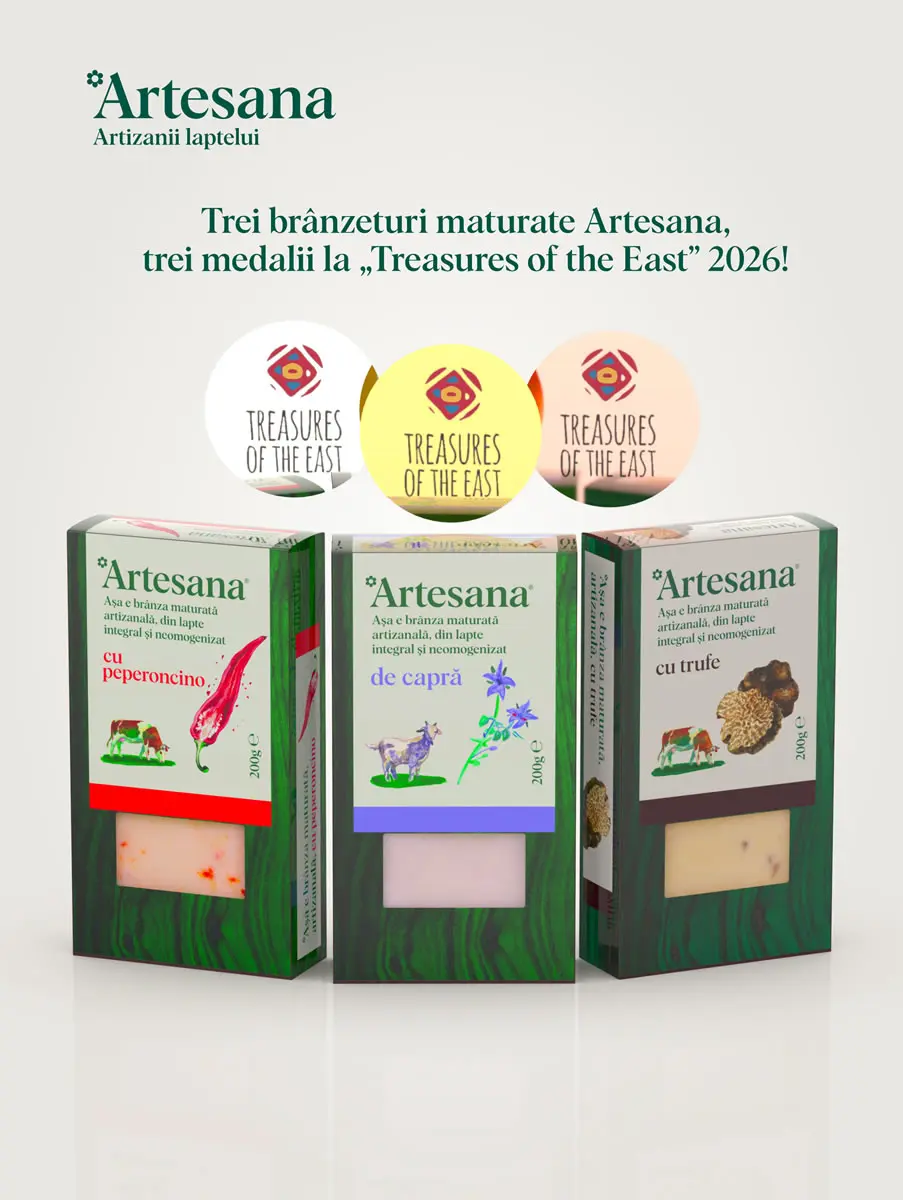 Trei brânzeturi maturate Artesana — cu peperoncino, din lapte de capră și cu trufe — premiate cu trei medalii la „Treasures of the East” 2026.