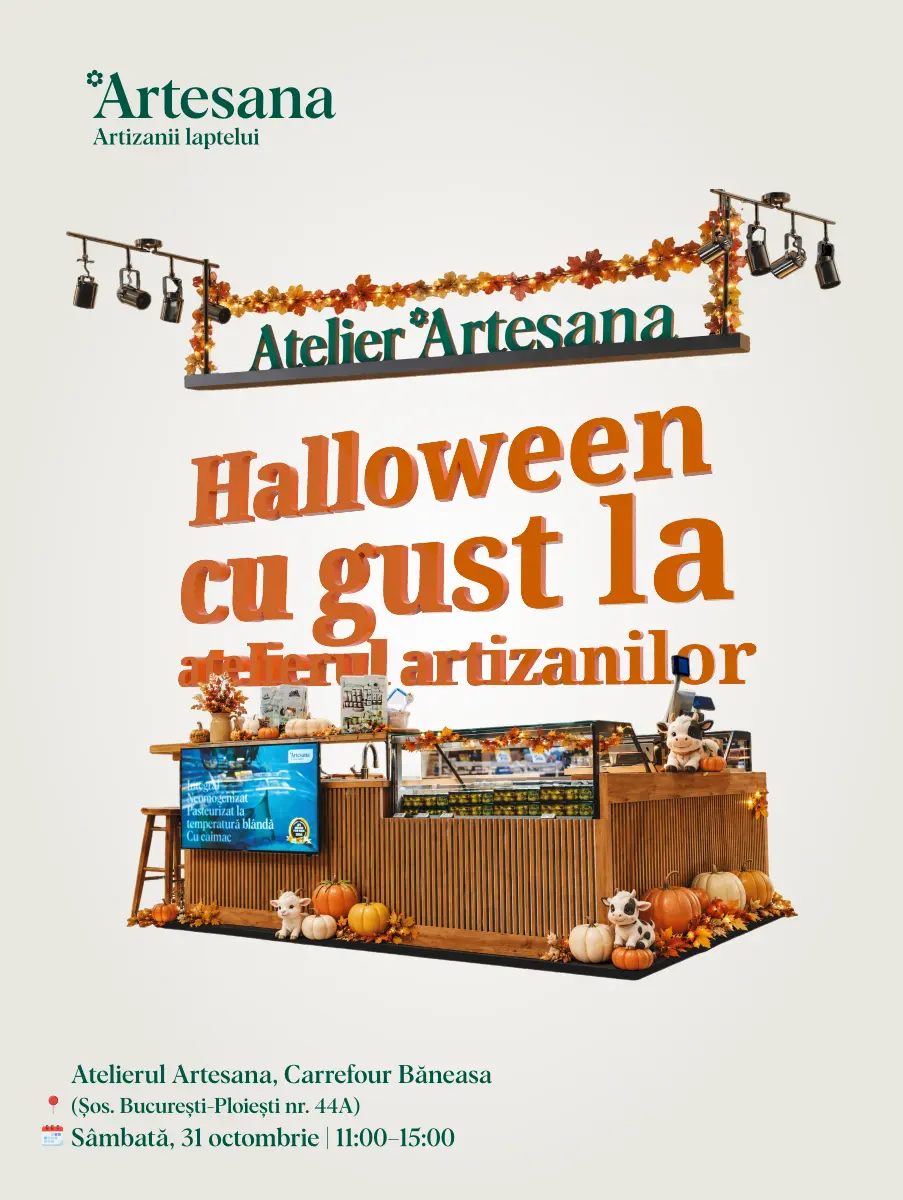 Halloween cu gust la Atelierul Artesana din Carrefour Băneasa, pe 31 octombrie, între 11:00 și 15:00 – stand decorat cu dovleci și frunze de toamnă.